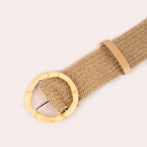 Woven raffia belt detail, featuring a round resin bamboo-style buckle and stylish PU leather loop.