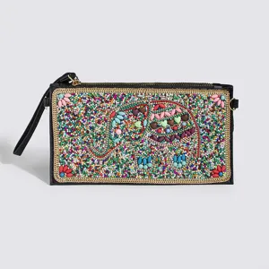 Bohemian beaded elephant clutch bag, ethnic PU leather single shoulder crossbody bag.