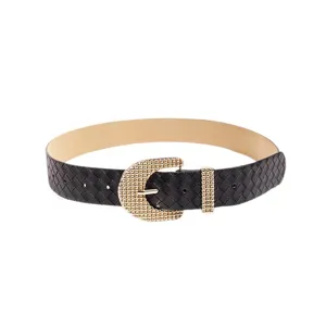 Stylish women black woven leather fashion wide belt with gold buckle for daily use