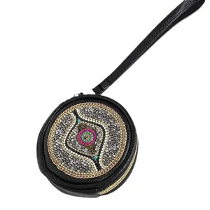 Bohemian beaded round PU wrist bag, exquisite embroidery coin purse for travel and daily wear.