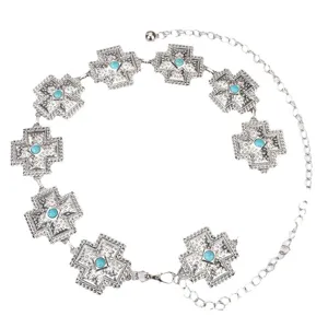 Boheemse turkoois kruis tailleketting voor vrouwen, hoogwaardige zilveren metaalketting.