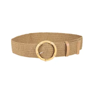 Bohemian woven raffia belt for women featuring a stylish round resin buckle and PU leather loop.