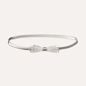 Silver elastic metal waist chain featuring a sparkling rhinestone bowknot buckle accessory.