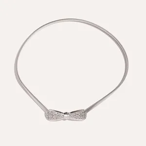 Elegant silver metal waist chain for women, featuring a sparkling rhinestone bow detail.