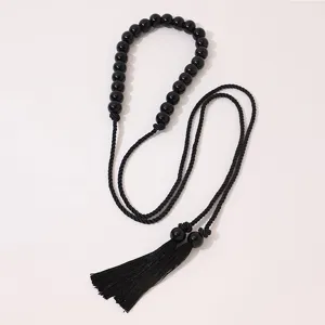 Ethnic style black beaded tassel waist belt for women, elegant long bohemian decorative rope.