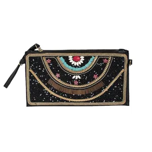 Boho beaded black PU leather clutch bag with ethnic embroidered floral design and chain.
