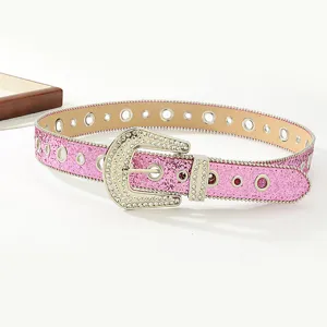 Women Fashion Rhinestone Glitter Belt Sweet Style Faux Leather Sparkly Crystal Buckle Waist Belt For Dress Jeans