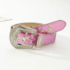 Pink rhinestone western belt with sparkly crystal buckle fashion sparkle shiny waist accessory for women