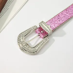 Sparkly pink rhinestone western belt with shiny crystal buckle and beaded edges for women.
