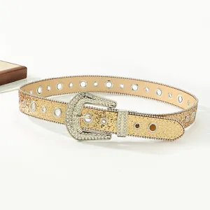 Gold rhinestone western belt with sparkling crystal buckle, stylish fashion waist accessory.