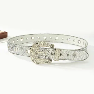 Sparkling rhinestone western belt for women, shiny silver bling leather belt with metal eyelets.