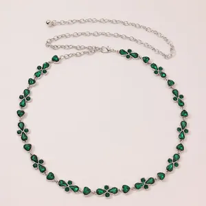 Women elegant silver chain belt with sparkling green rhinestone clover details stylish accessory