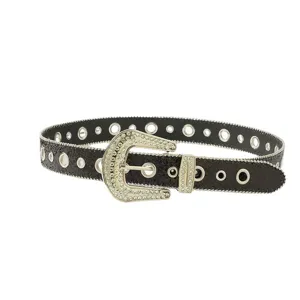 Black rhinestone grommet belt for women, sparkly western crystal buckle fashion accessory