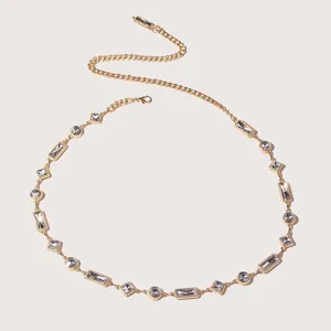 Elegant gold crystal rhinestone waist chain for women, fashion metal chain belt jewelry.