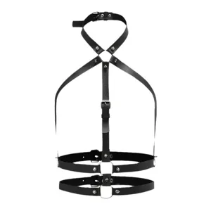 Femme noir punk cuir harnais corps cage gothique rivet ceinture reglable vue principale