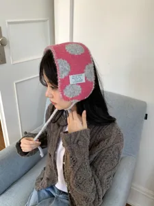 Pink grey polka dot knitted plush ear warmer bonnet with strings for women winter warm