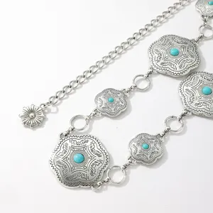 Boheemse zilveren turkoois bloem metalen tailleketting voor vrouwen vintage sieraden.