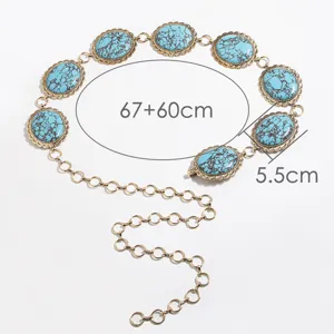 Detailansicht der Vintage Türkis Taillenkette mit verzierten Metallrahmen und verstellbarer Länge.