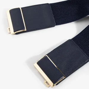Detailed view of women's wide elastic waist belt with gold buckle and stylish PU leather ends.
