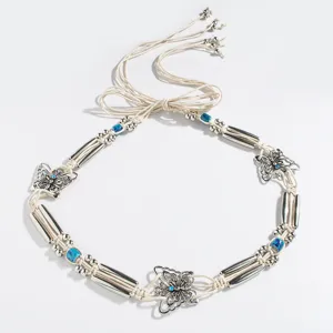 Bohemian woven waist belt with silver butterfly charms, stylish handmade rope accessory for women.