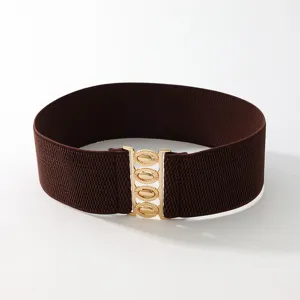 Women's wide elastic waist belt with gold buckle, stylish stretch cinch belt for dresses.