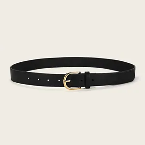 Classic black PU leather belt with gold buckle, simple versatile daily accessory for women.