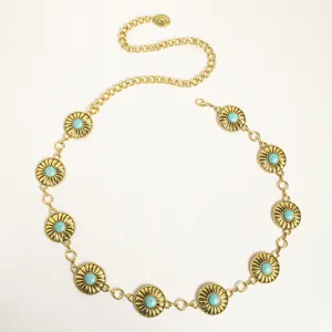 Western style women metal chain belt with turquoise stones boho vintage gold waist jewelry