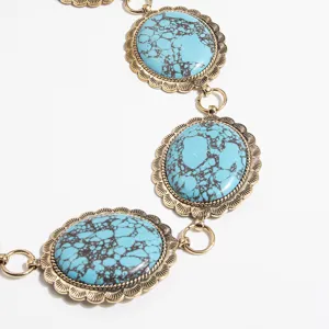 Damen Vintage Türkis Metall Breite Taillenkette Palast Geschnitzt Runde Mode Körperkette Gold Silber Verstellbarer Gürtel