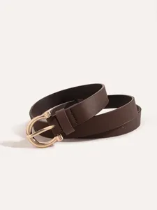 Classic brown PU leather belt for women with a sleek gold horseshoe buckle and versatile style.