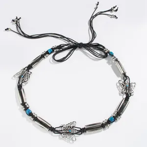 Bohemian style woven women belt featuring butterfly charms silver beads and blue stones for vacation.