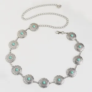 Boheemse turkoois bloem metaal tailleketting voor vrouwen, westerse mode buikketting sieraden.