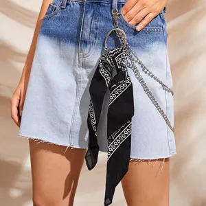 Metal hip-hop pants chain with ring and black bandana detail for women street style