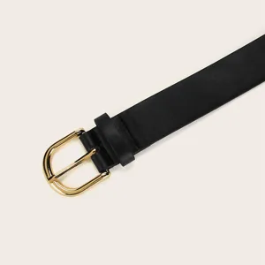Minimalist black PU leather belt with gold metal buckle detail, perfect for daily wear.