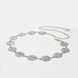 Bohemian turkoois concho tailleketting, zilveren metaal bloem schakelriem voor dames festival.