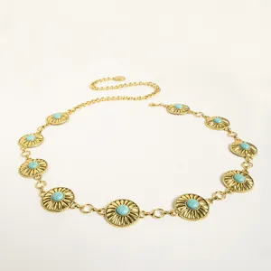 Boho turquoise metal waist chain for women, western style gold chain belt with round stone charms.