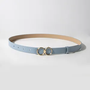 Elegante lichtblauwe PU lederen riem voor dames met stijlvolle gouden dubbele ringgesp.