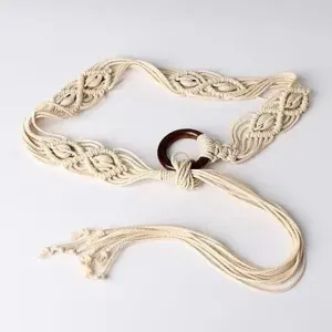Bohemian handmade shell woven waist belt with wood ring buckle for women casual resort style