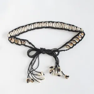 Boho natural shell woven waist belt black rope adjustable fashion beach holiday accessory women