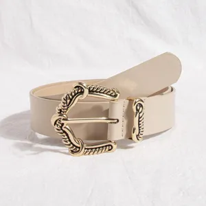 Women fashion chic leather belt with vintage carved gold pin buckle, elegant main view.