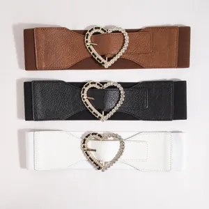 Mujer Ancho Elástico Cinturón Cintura Diamante Corazón Hebilla Metal Cinch Cinturón Versátil Moda Vestido Cinturilla