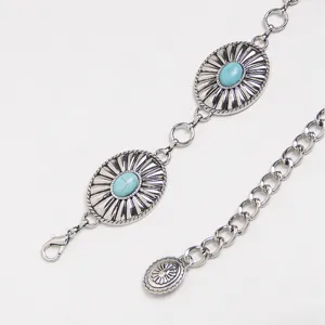 Western style metal waist chain with turquoise oval concho charms, chic adjustable belt for women.