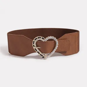 Cinturon mujer ancho elastico con hebilla corazon estrass marron moda estilo chic elegante