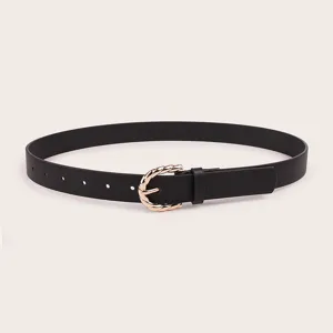 Women black PU leather belt with gold twisted metal buckle casual daily waist belt