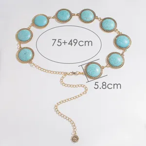 Detailansicht der Vintage Türkis Metall Taillenkette mit verstellbarer Verlängerungskette.