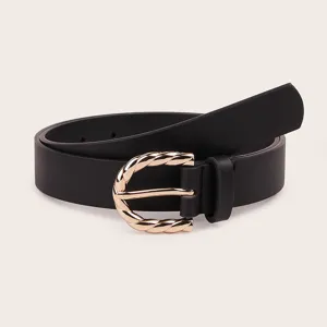 Detail view of women's black PU leather belt featuring a chic gold twisted metal buckle.