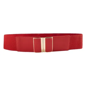Women red elastic wide belt with gold metal interlocking buckle fashion waist cincher for dresses
