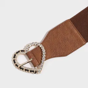 Cinturon elastico mujer con hebilla corazon strass moda ancho fajin marron elegante