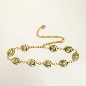Vintage western turquoise metal waist chain, heavy gold boho chain belt detail view.