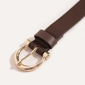 Classic brown PU leather women's belt featuring a shiny gold horseshoe buckle for daily wear.
