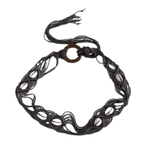Bohemian handmade braided wax cord shell waist belt with wooden ring for women vacation